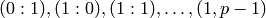 (0:1), (1:0), (1:1), \ldots, (1,p-1)