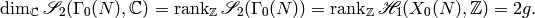 \dim_\C\sS_2(\Gamma_0(N),\C) = \rank_\Z \sS_2(\Gamma_0(N)) =
\rank_\Z \H_1(X_0(N),\Z) = 2g.