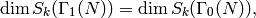 \dim
S_k(\Gamma_1(N)) = \dim S_k(\Gamma_0(N)),
