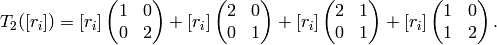 T_2([r_i]) = [r_i]\mtwo{1}{0}{0}{2} + [r_i]\mtwo{2}{0}{0}{1}
+ [r_i]\mtwo{2}{1}{0}{1} + [r_i]\mtwo{1}{0}{1}{2}.