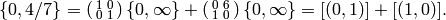 \{0,4/7\} = \abcd{1}{0}{0}{1} \{0,\infty\} + \abcd{0}{6}{1}{0}\{0,\infty\}
= [(0,1)] + [(1,0)].
