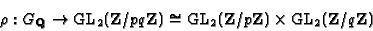 \begin{displaymath}
\rho: G_{\mathbf{Q}}\rightarrow \mbox{\rm GL}_2(\mathbf{Z}/...
...{Z}/p\mathbf{Z})\times\mbox{\rm GL}_2(\mathbf{Z}/q\mathbf{Z})
\end{displaymath}