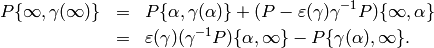 \begin{eqnarray*}
P\{\oo, \gamma(\oo)\}
&=& P\{\alp,\gamma(\alp)\} + (P - \eps(\gamma)\gamma^{-1}P)\{\oo,\alp\}\\
&=& \eps(\gamma)(\gamma^{-1}P)\{\alp, \oo\} - P\{\gamma(\alp),\oo\}.
\end{eqnarray*}