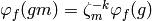 \varphi_{f} (gm) = \zeta^{-k}_{m}\varphi_{f} (g)