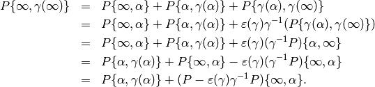 \begin{eqnarray*}
P\{\oo, \gamma(\oo)\}
&=& P\{\oo,\alp\} + P\{\alp,\gamma(\alp)\} + P\{\gamma(\alp),\gamma(\oo)\}\\
&=& P\{\oo,\alp\} + P\{\alp,\gamma(\alp)\} + \eps(\gamma)\gamma^{-1}(P\{\gamma(\alp),\gamma(\oo)\})\\
&=& P\{\oo,\alp\} + P\{\alp,\gamma(\alp)\} + \eps(\gamma)(\gamma^{-1}P)\{\alp, \oo\}\\
&=& P\{\alp,\gamma(\alp)\} + P\{\oo,\alp\}  - \eps(\gamma)(\gamma^{-1}P)\{\oo, \alp\}\\
&=& P\{\alp,\gamma(\alp)\} + (P - \eps(\gamma)\gamma^{-1}P)\{\oo,\alp\}.
\end{eqnarray*}