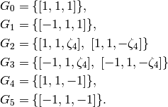 G_0 &= \{ [1,1,1]\},\\
G_1 &= \{[-1,1,1]\}, \\
G_2 &= \{[1,1,\zeta_4],\,\, [1,1,-\zeta_4]\}\\
G_3 &= \{[-1,1,\zeta_4],\,\, [-1,1,-\zeta_4]\}\\
G_4 &= \{[1,1,-1]\}, \\
G_5 &= \{[-1,1,-1]\}.