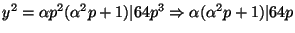 $ y^2=\alpha p^2(\alpha^2
p+1)\vert 64p^3\Rightarrow \alpha(\alpha^2p+1)\vert 64p$