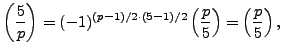 $\displaystyle \left(\frac{5}{p}\right) = (-1)^{(p-1)/2\cdot (5-1)/2}\left(\frac{p}{5}\right) = \left(\frac{p}{5}\right),$