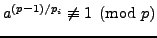 $ a^{(p-1)/p_i} \not\equiv 1\pmod{p}$