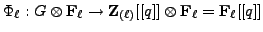 $\displaystyle \Phi_\ell: G \otimes \mathbf{F}_\ell
\rightarrow {{{\bf {Z}}_{(\ell)}}}[[q]] \otimes \mathbf{F}_\ell = \mathbf{F}_\ell [[q]]
$