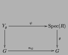 $\displaystyle \xymatrix @=3pc{
Y_g \ar[rr]^{\psi}\ar[d] && {\Spec(R)}\ar[d]^{g}\\
G\ar[rr]^{n_G} && G}$
