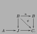 $\displaystyle \xymatrix{
& B\ar[d]\ar[dr]^{\psi} \ar[r]^{n}& B\ar[d]\\
A\ar[r]&J\ar[r]&C.}$